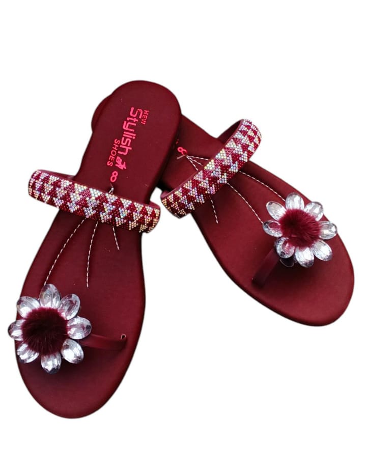 👠 Luxury in Every Step – Gemstone Satin Flats (Maroon) 👠