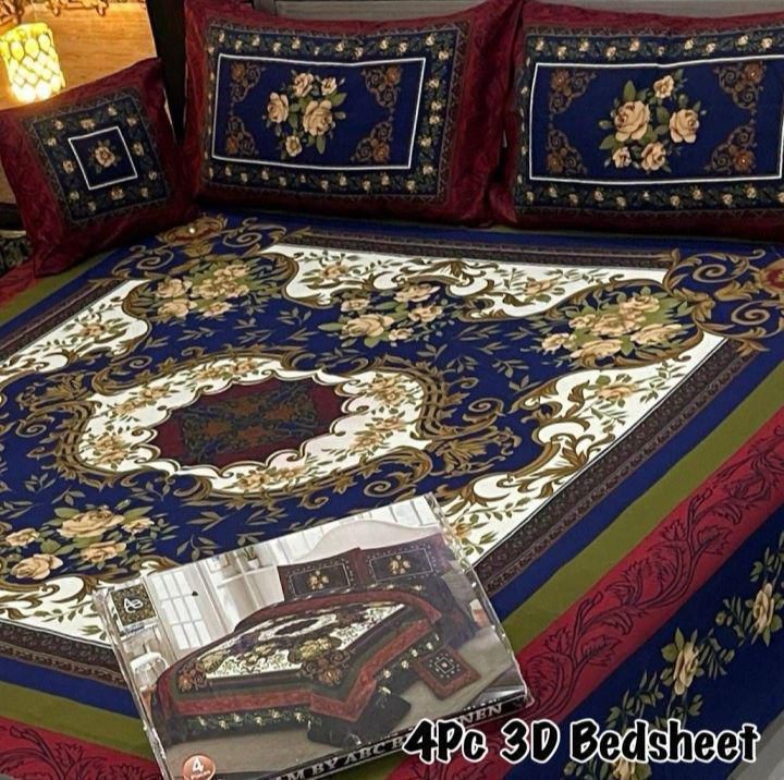 🛏 4Pc 3D Panel Crystal Cotton Bedsheet – Luxury Feel Collection&nbsp;