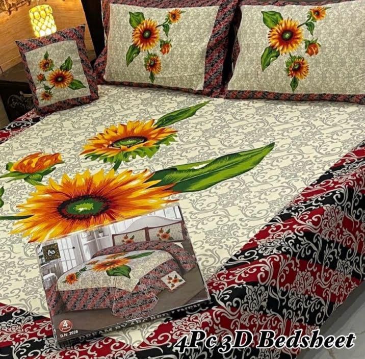 🛏 4Pc 3D Panel Crystal Cotton Bedsheet – Luxury Feel Collection&nbsp;