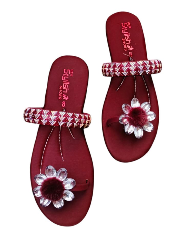 👠 Luxury in Every Step – Gemstone Satin Flats (Maroon) 👠